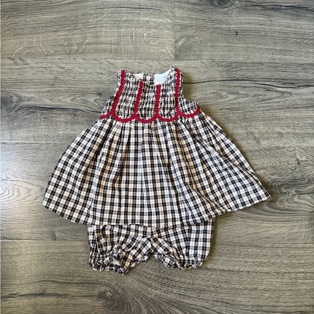 Janie and Jack Plaid Smocked Dress & Bloomers in Black, White & Red